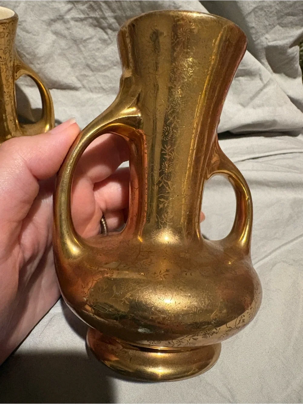 Pearl China 22K Gold Decorative Double-Handled Ceramic Vases - Pair